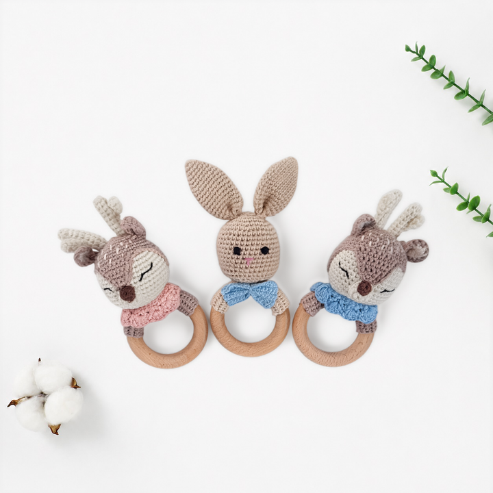 Crochet animal rattle teether with beech wood ring, bunny or deer