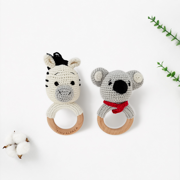 Crochet animal rattle teether with beech wood ring