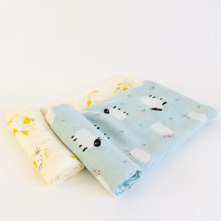Bamboo muslin swaddle set of 2, cat &amp; sheep, 120 × 120 cm