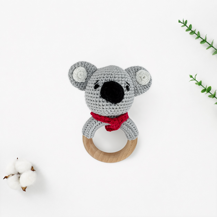 Crochet animal rattle teether with beech wood ring