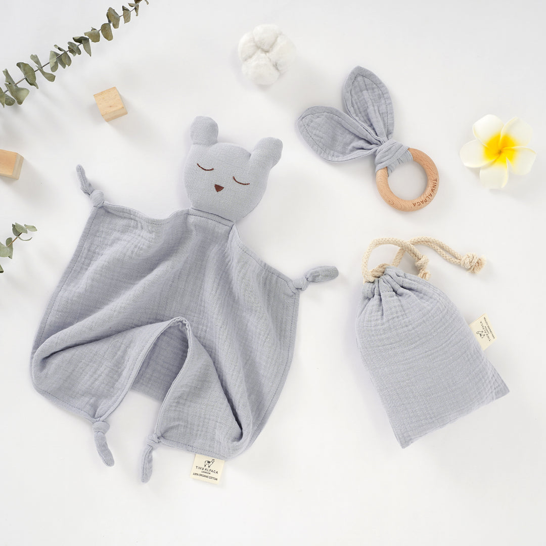 Sleeping Bear Organic Cotton Security Blanket With Teether - Tiny Alpaca UK