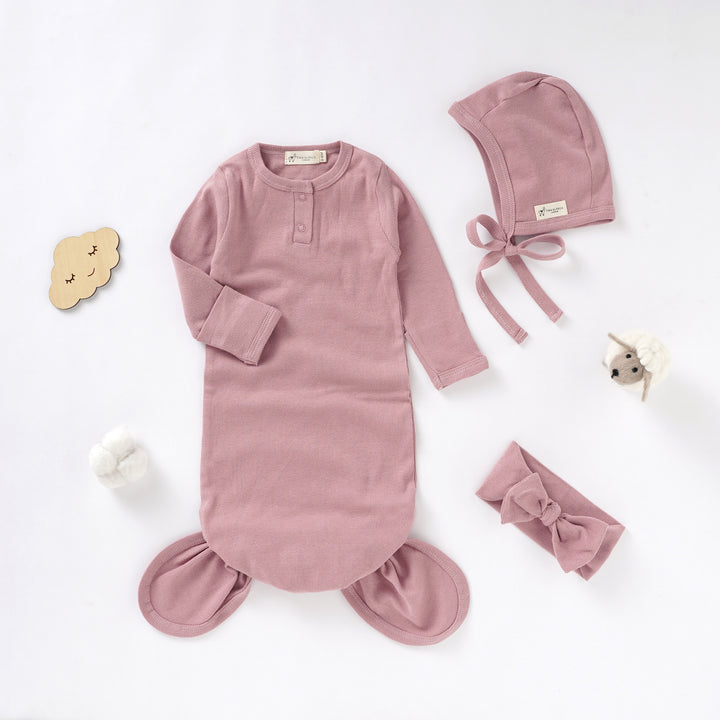 Organic Cotton Newborn Gown Set with Headband and Hat (0-6 months) - Tiny Alpaca UK