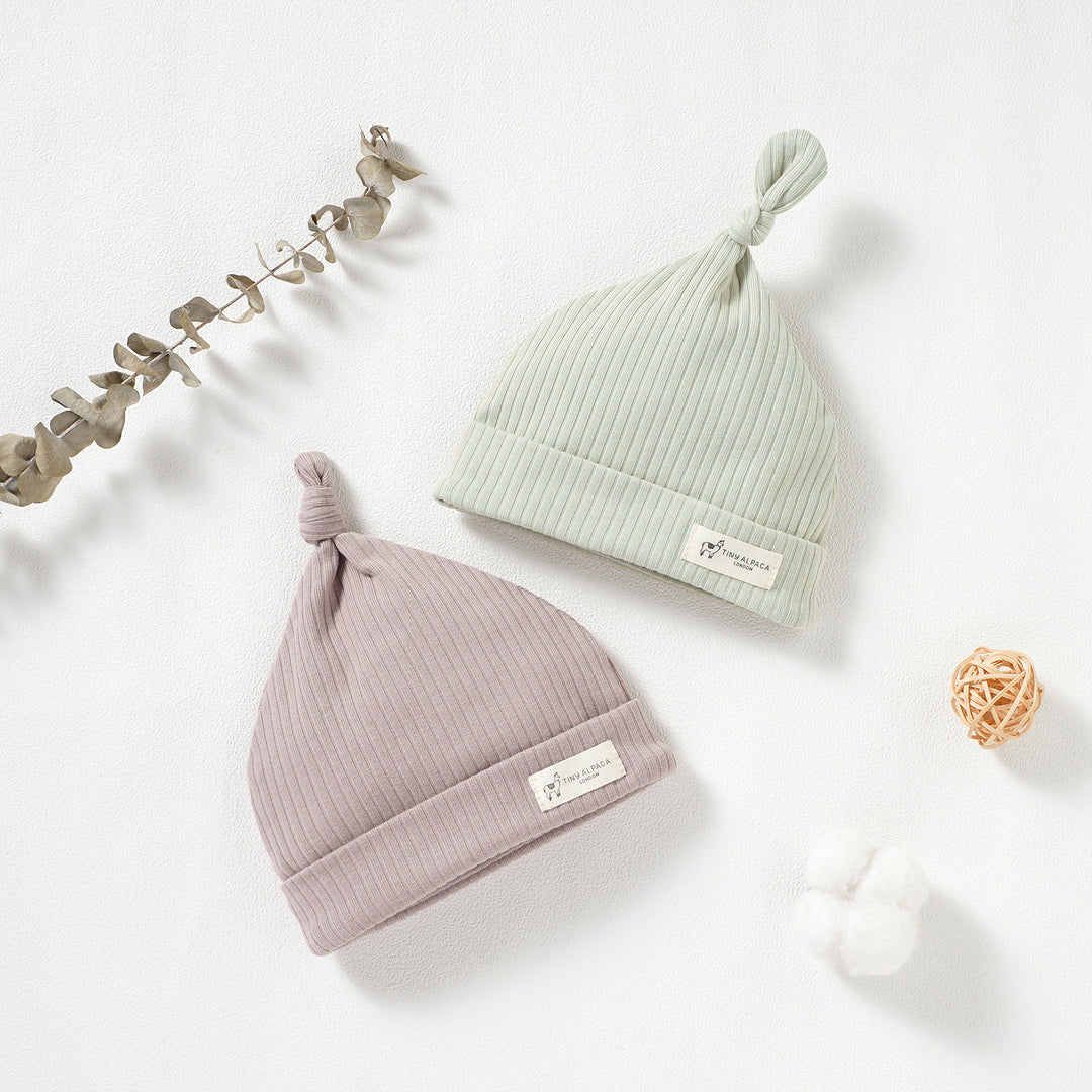 Organic Natural Cotton Ribbed Baby Hats Set of 2 (0-6 Months) (Oatmeal and Lime) - Tiny Alpaca UK