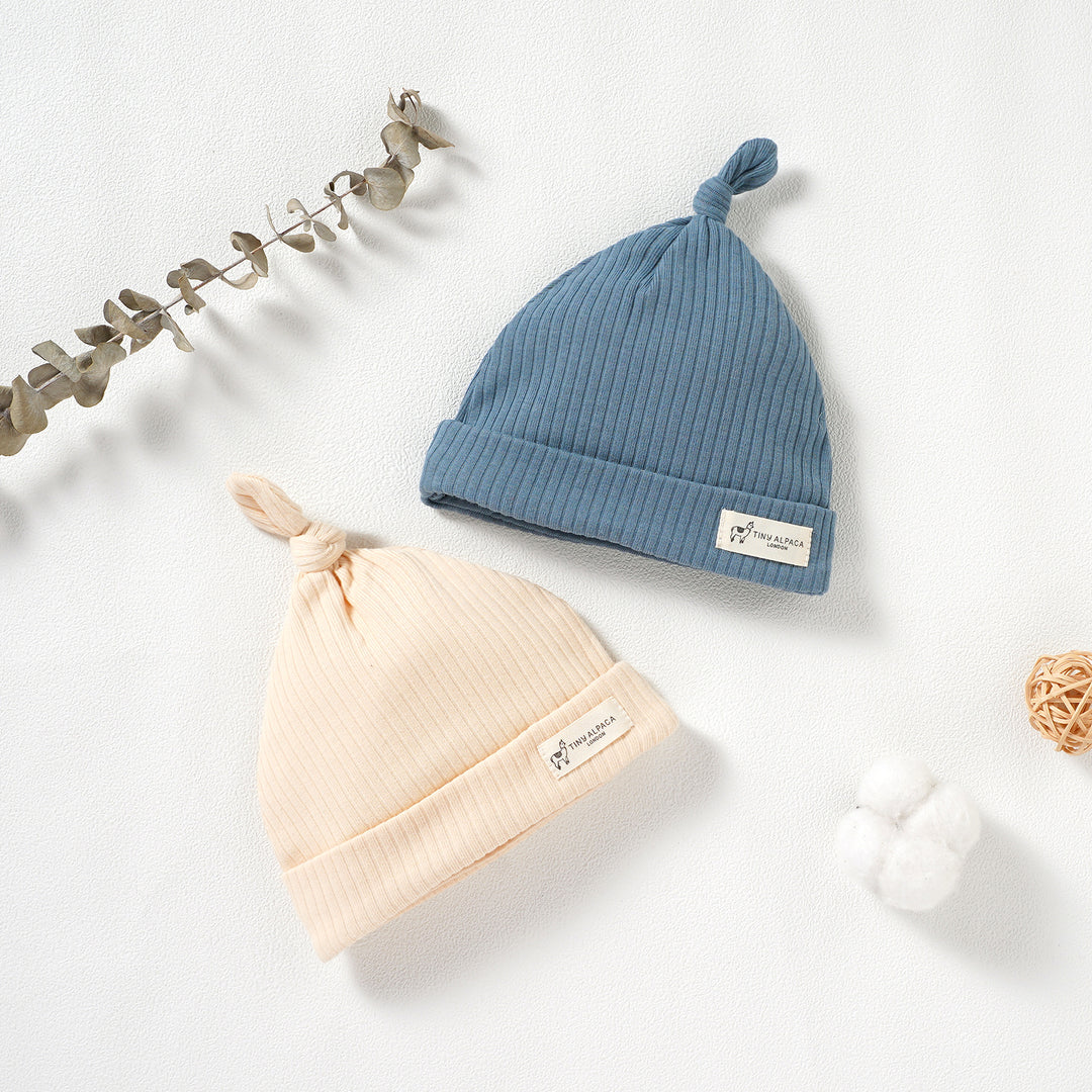 Organic Natural Cotton Ribbed Baby Hats Set of 2 (0-6 Months) (Cream and Ocean) - Tiny Alpaca UK