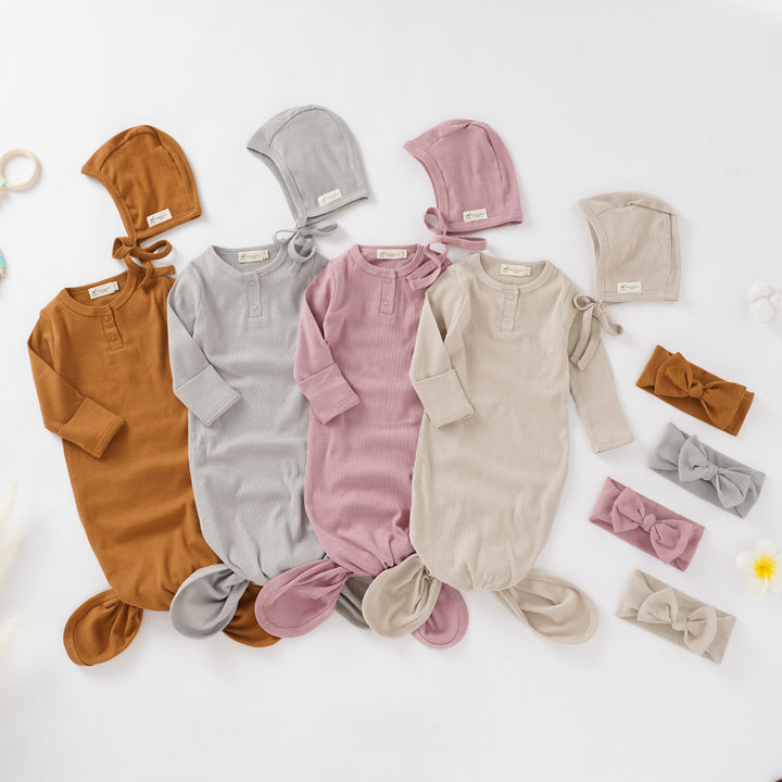 Organic Cotton Newborn Gown Set with Headband and Hat (0-6 months) - Tiny Alpaca UK
