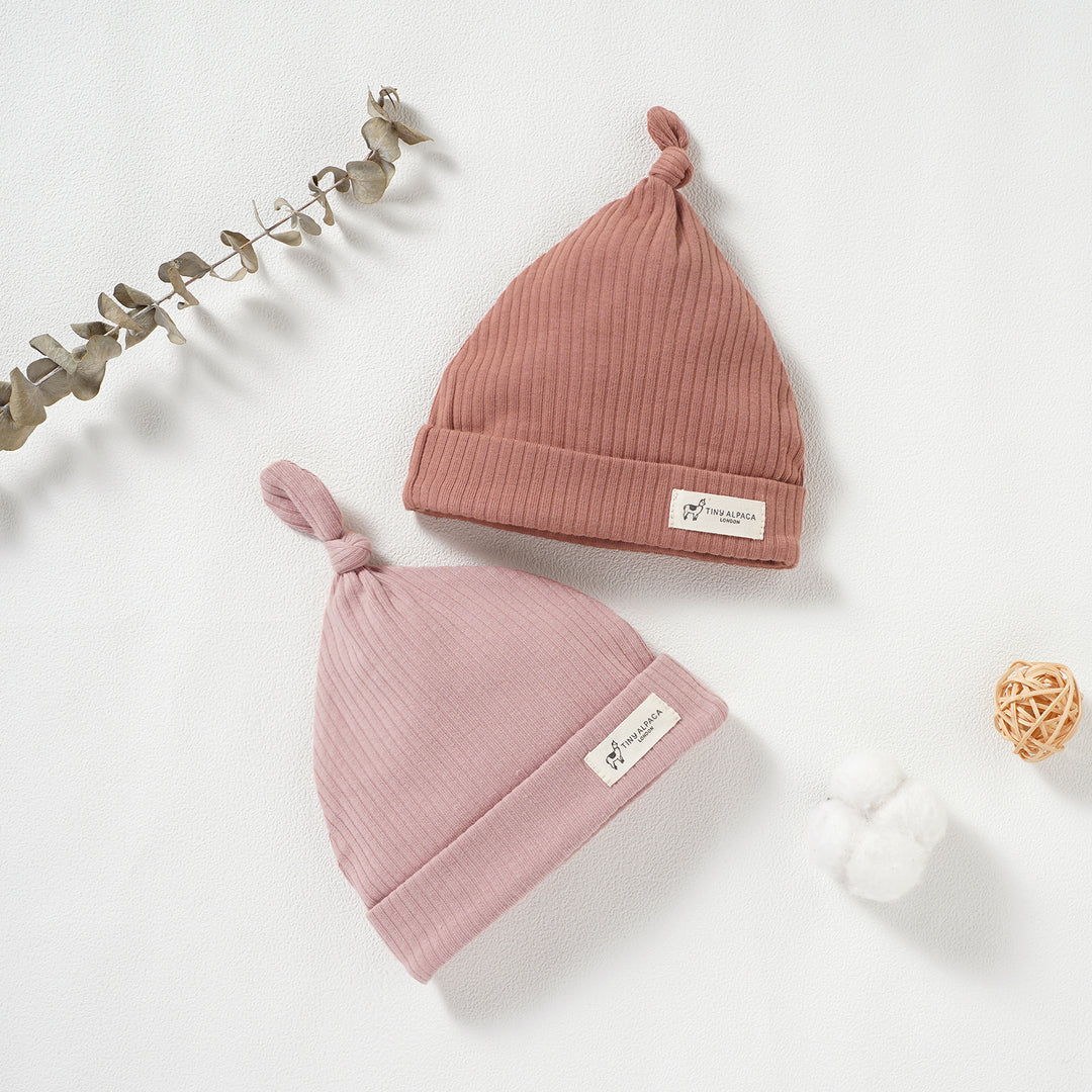 Organic Natural Cotton Ribbed Baby Hats Set of 2 (0-6 Months) (Red/Rust and Pink) - Tiny Alpaca UK
