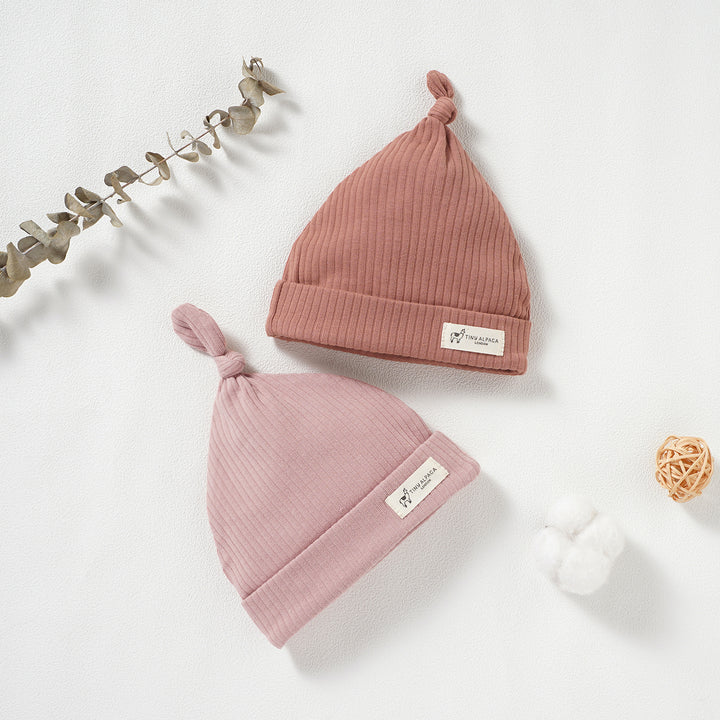 Organic Natural Cotton Ribbed Baby Hats Set of 2 (0-6 Months) (Red/Rust and Pink) - Tiny Alpaca UK