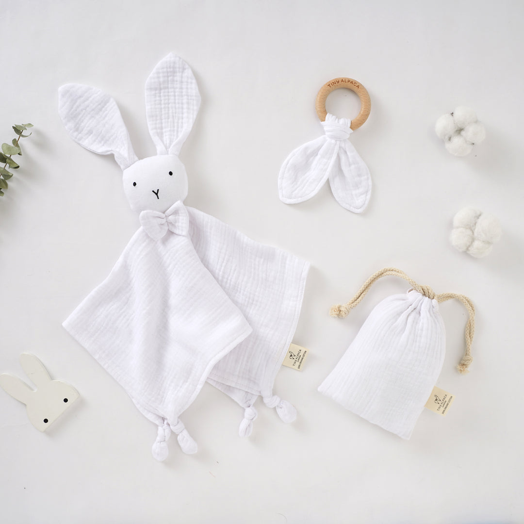 Organic Cotton Bunny Security Blanket With Teether 40x40CM - Tiny Alpaca UK