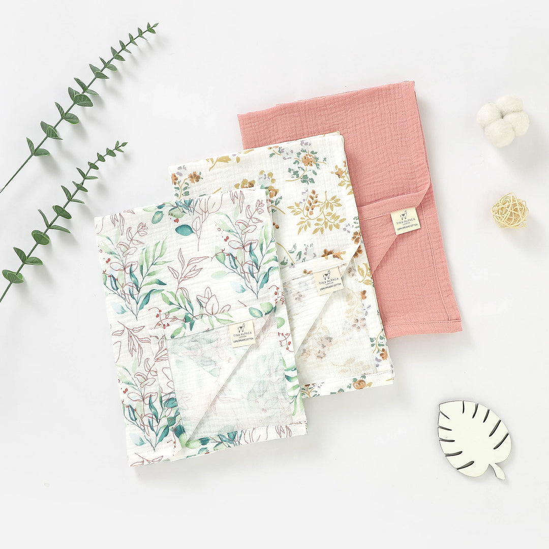 Organic Cotton Muslin Cloths "Flowers" Set of 3 60X60CM - Tiny Alpaca UK