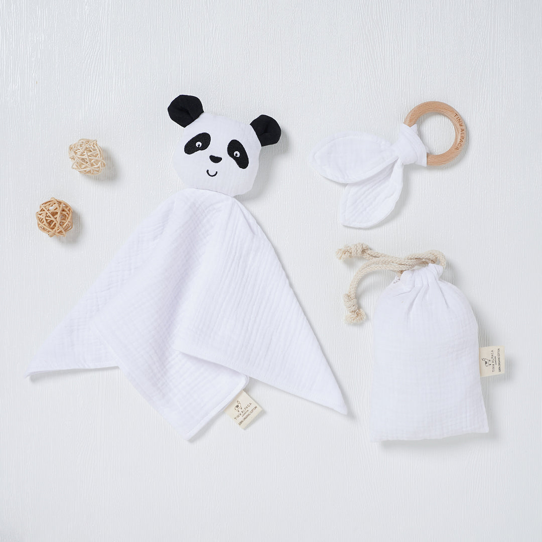 Panda Organic Cotton Comforter with Teether and Drawstring Bag - Tiny Alpaca UK