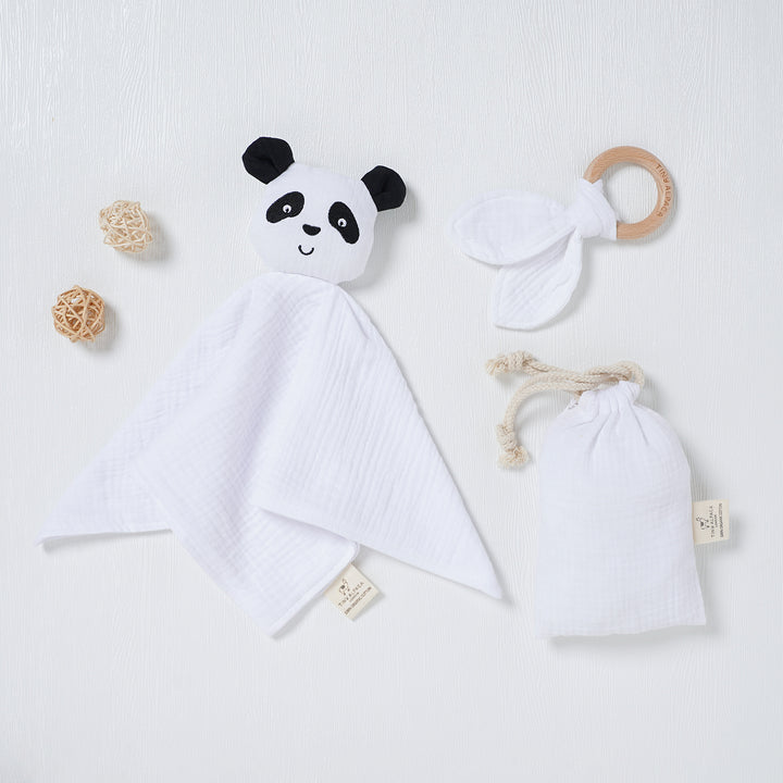 Panda Organic Cotton Comforter with Teether and Drawstring Bag - Tiny Alpaca UK
