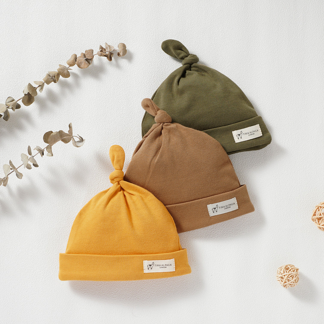 Organic Cotton Smooth Baby Hats Set of 3 (0-18 Months) (Green, Clay & Orange) - Tiny Alpaca UK