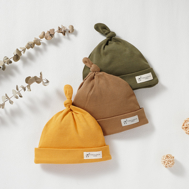 Organic Cotton Smooth Baby Hats Set of 3 (0-18 Months) (Green, Clay &amp; Orange) - Tiny Alpaca UK