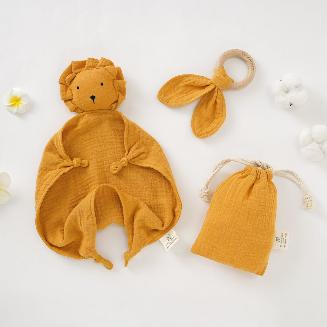 Organic Cotton Lion Security Blanket With Teether - Tiny Alpaca UK