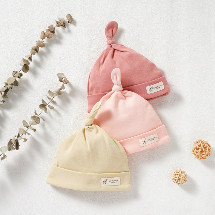 Organic Natural Cotton Baby Hats Set of 3 (0-18 Months) (Pink, Cream &amp; Blush) - Tiny Alpaca UK