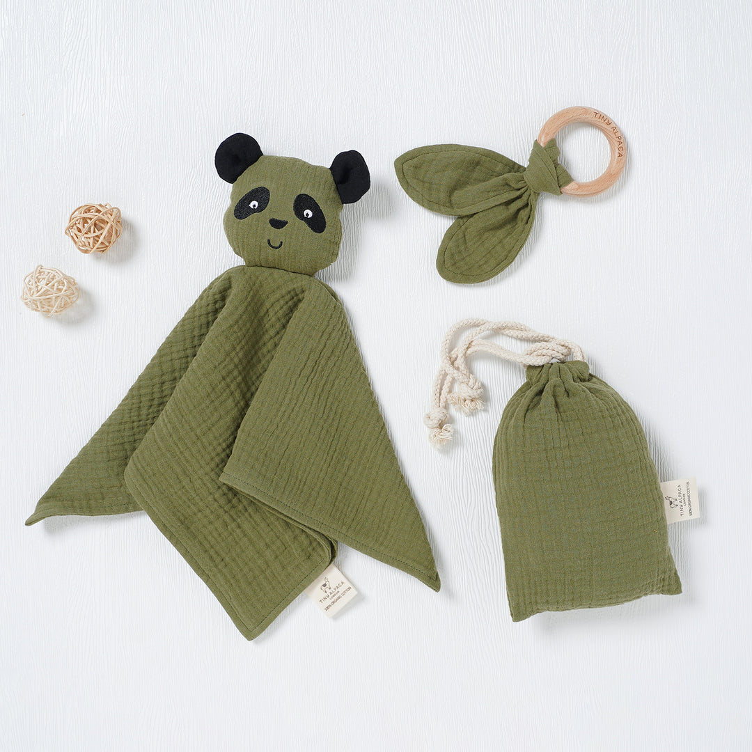 Panda Organic Cotton Comforter with Teether and Drawstring Bag - Tiny Alpaca UK