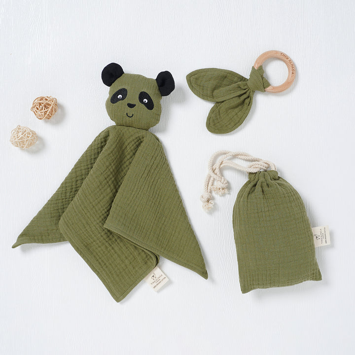 Panda Organic Cotton Comforter with Teether and Drawstring Bag - Tiny Alpaca UK