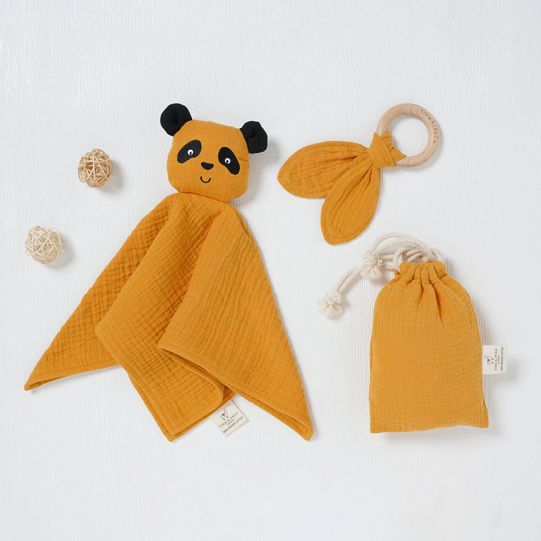Panda Organic Cotton Comforter with Teether and Drawstring Bag - Tiny Alpaca UK