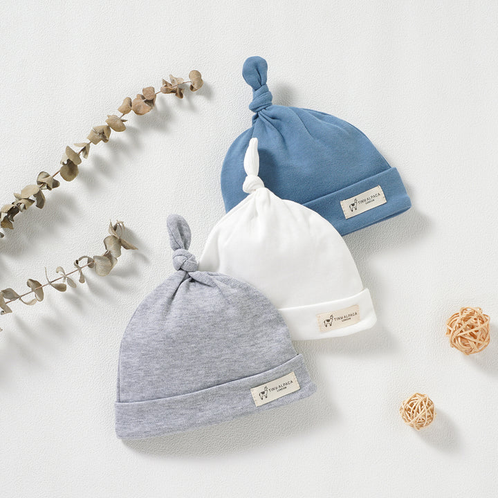 Organic Cotton Smooth Baby Hats Set of 3 (0-18 Months) (Ocean, White &amp; Grey) - Tiny Alpaca UK