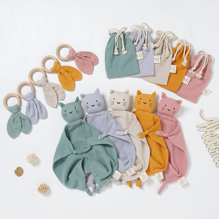 Cat Organic Cotton Security Blanket With Teether | 40x40CM - Tiny Alpaca UK