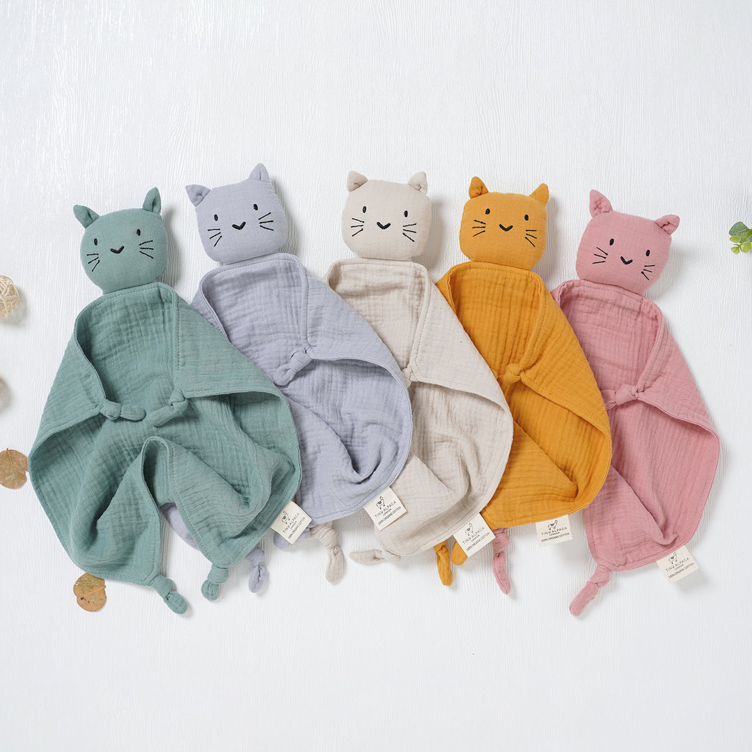 Cat Organic Cotton Security Blanket With Teether | 40x40CM - Tiny Alpaca UK
