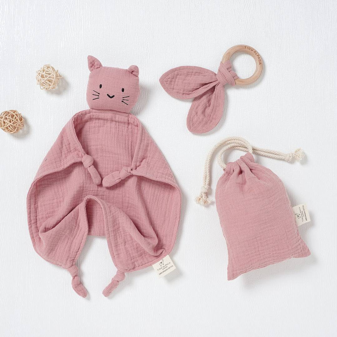 Cat Organic Cotton Security Blanket With Teether | 40x40CM - Tiny Alpaca UK