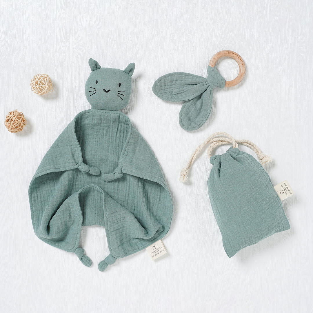 Cat Organic Cotton Security Blanket With Teether | 40x40CM - Tiny Alpaca UK