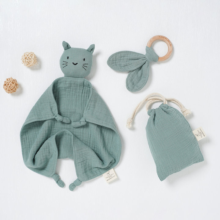 Cat Organic Cotton Security Blanket With Teether | 40x40CM - Tiny Alpaca UK