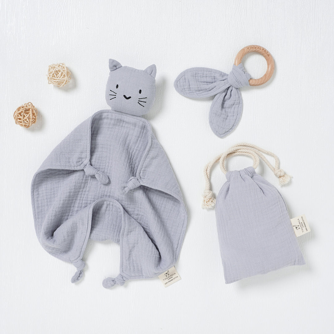 Cat Organic Cotton Security Blanket With Teether | 40x40CM - Tiny Alpaca UK