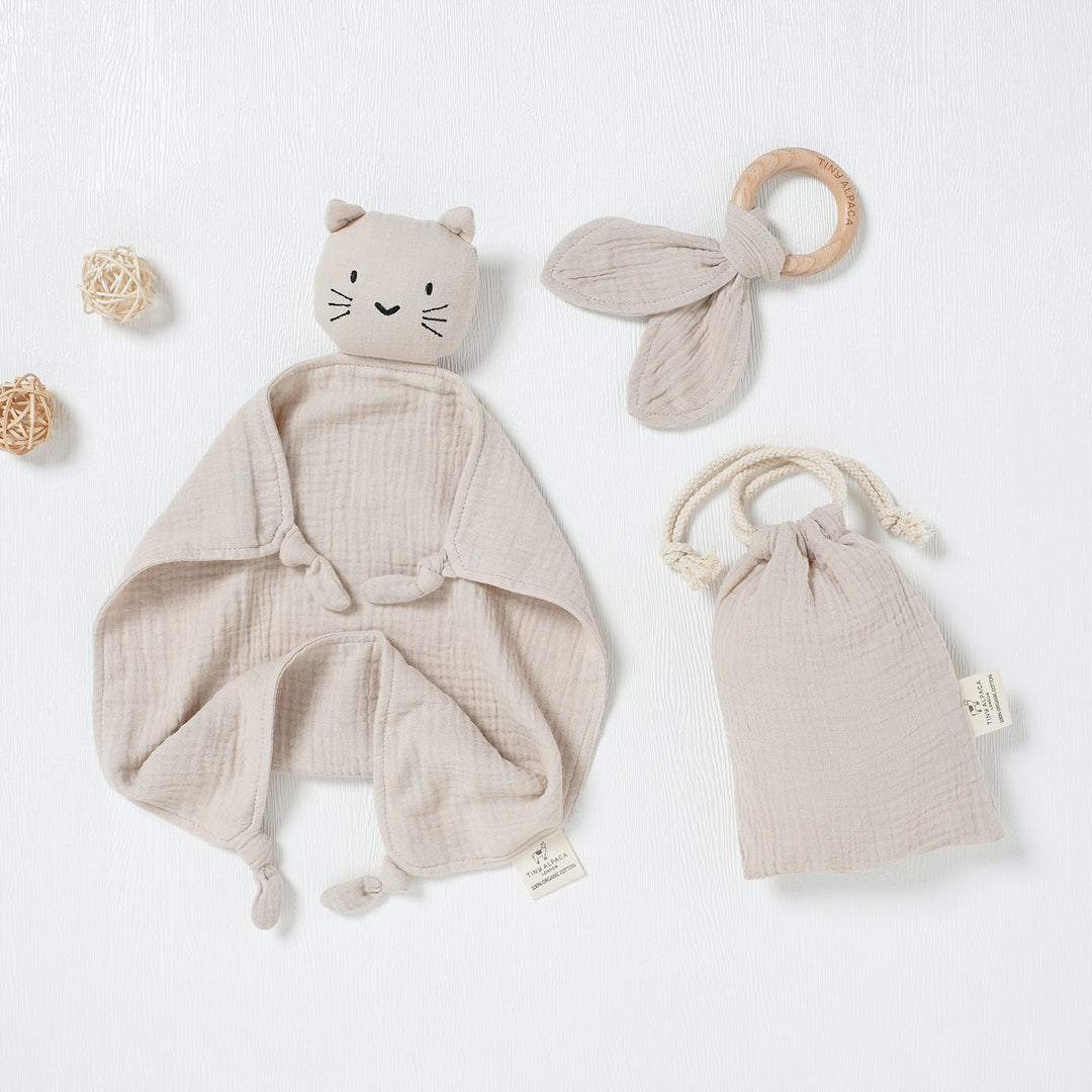 Cat Organic Cotton Security Blanket With Teether | 40x40CM - Tiny Alpaca UK