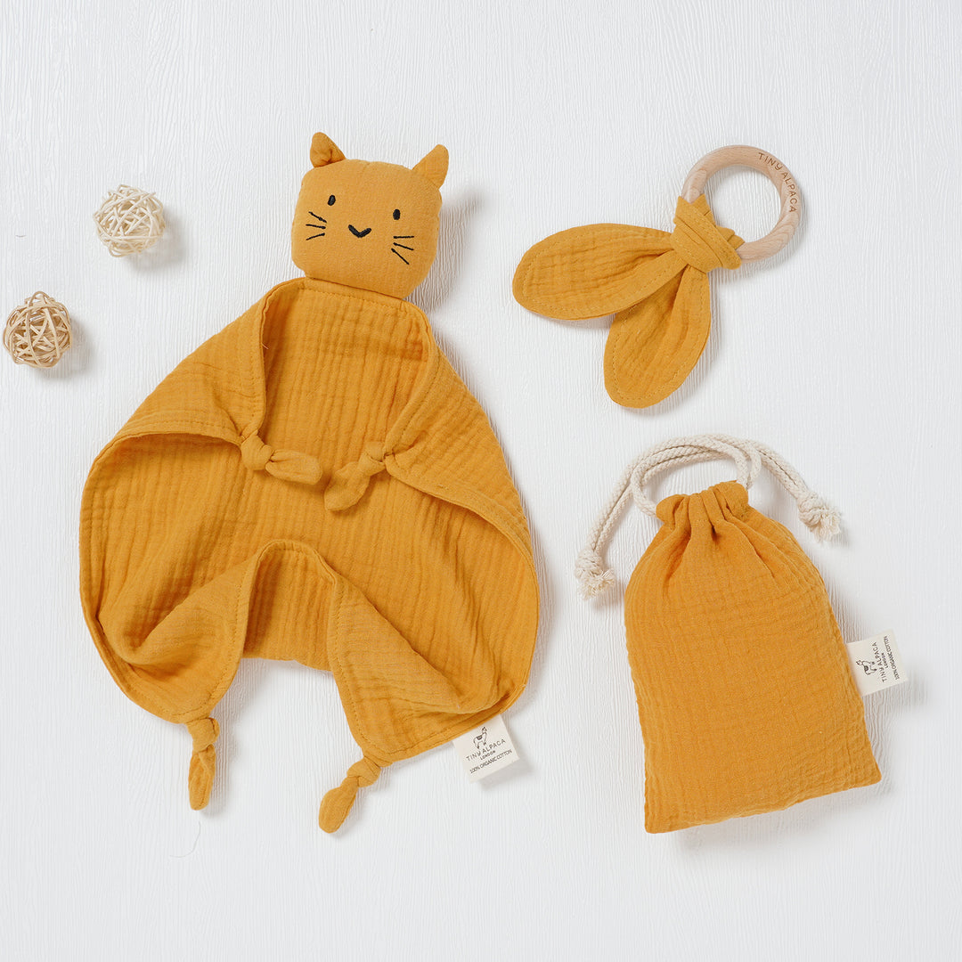 Cat Organic Cotton Security Blanket With Teether | 40x40CM - Tiny Alpaca UK