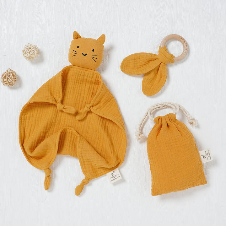 Cat Organic Cotton Security Blanket With Teether | 40x40CM - Tiny Alpaca UK