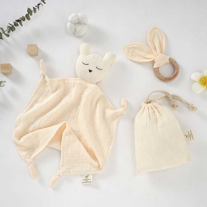 Sleeping Bear Organic Cotton Security Blanket With Teether - Tiny Alpaca UK