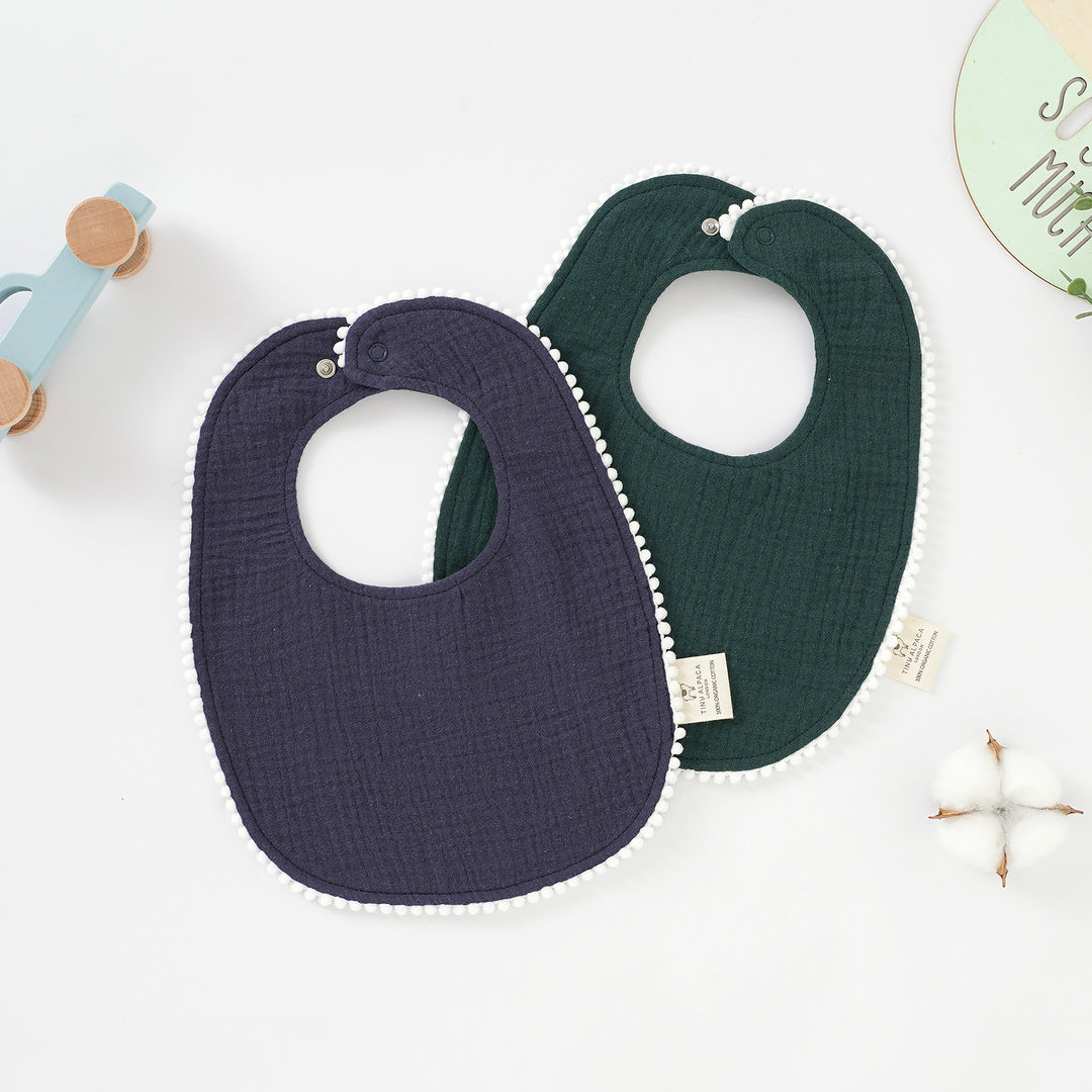 Organic Natural Cotton Pom Pom Dribble Bibs (0-2 Years) 2 Pack - Tiny Alpaca UK