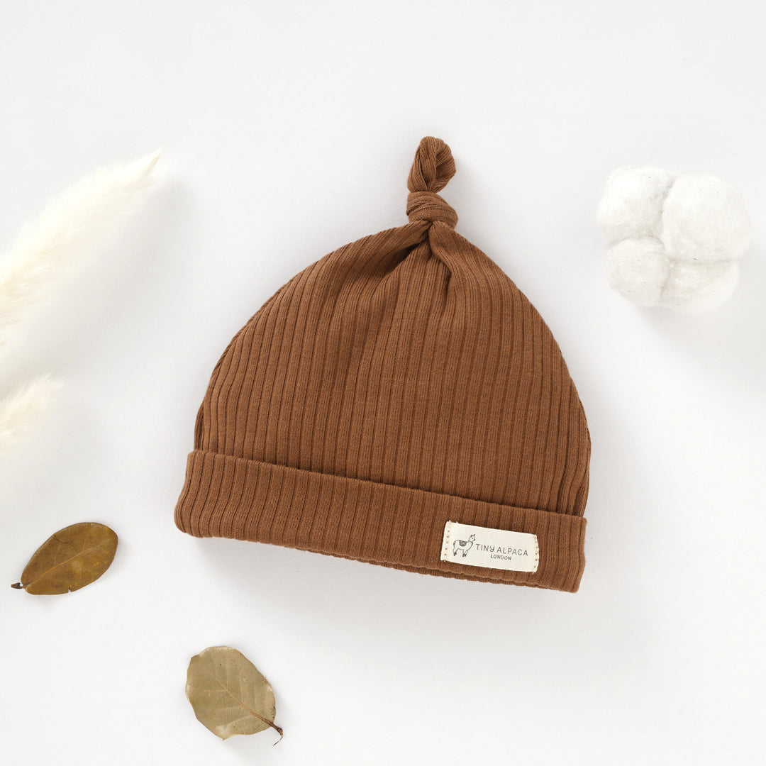 Organic Natural Cotton Ribbed Baby Hats (0-6 months) (Clay, Charcoal and Oatmeal) - Tiny Alpaca UK