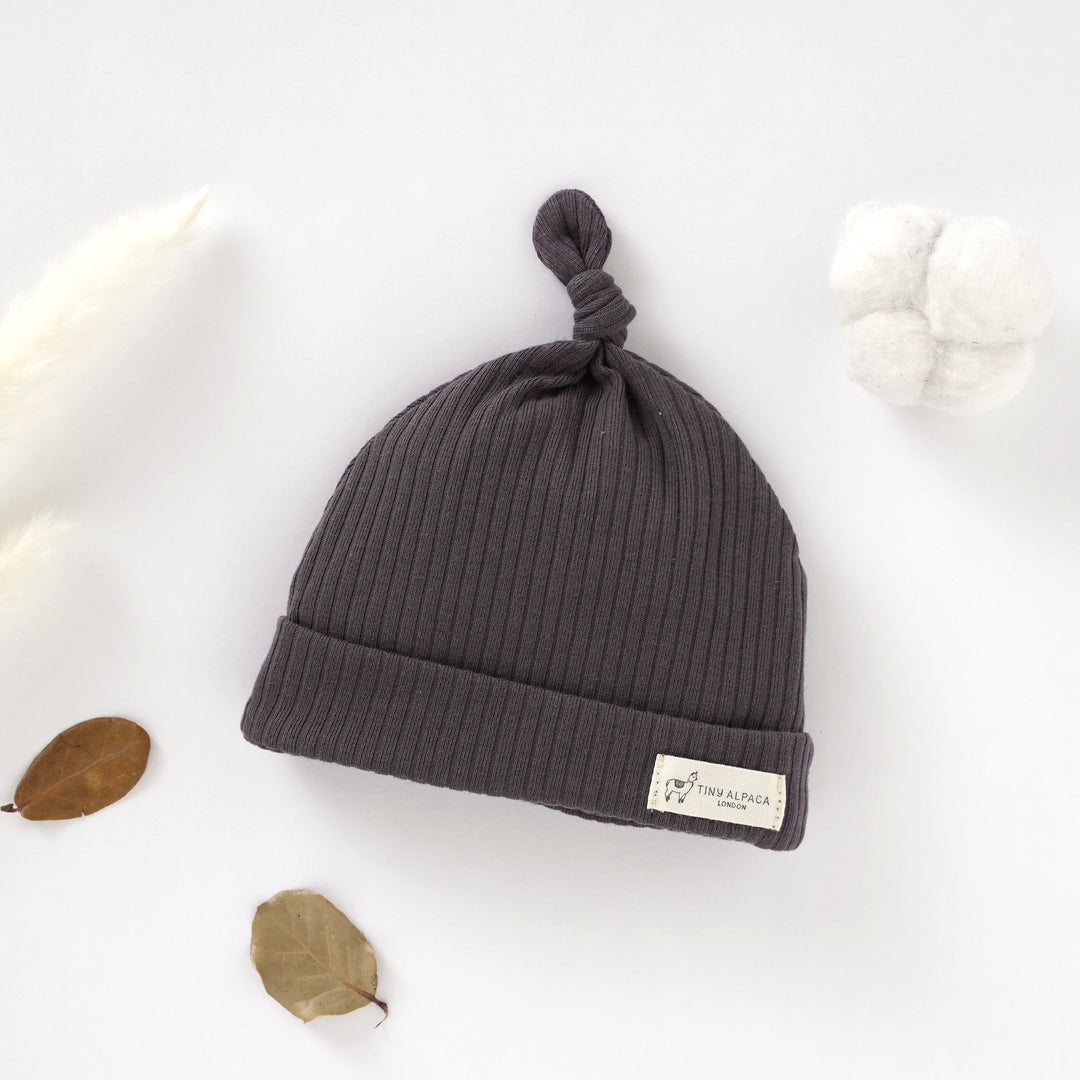 Organic Natural Cotton Ribbed Baby Hats (0-6 months) (Clay, Charcoal and Oatmeal) - Tiny Alpaca UK