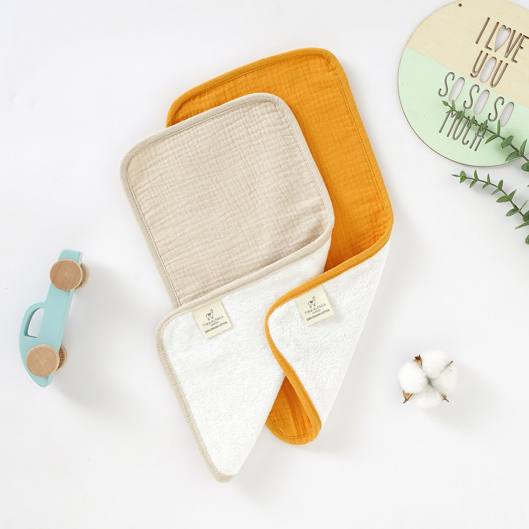 Organic Muslin Burp Cloth Towel " Oatmeal & Turmeric " - Tiny Alpaca UK