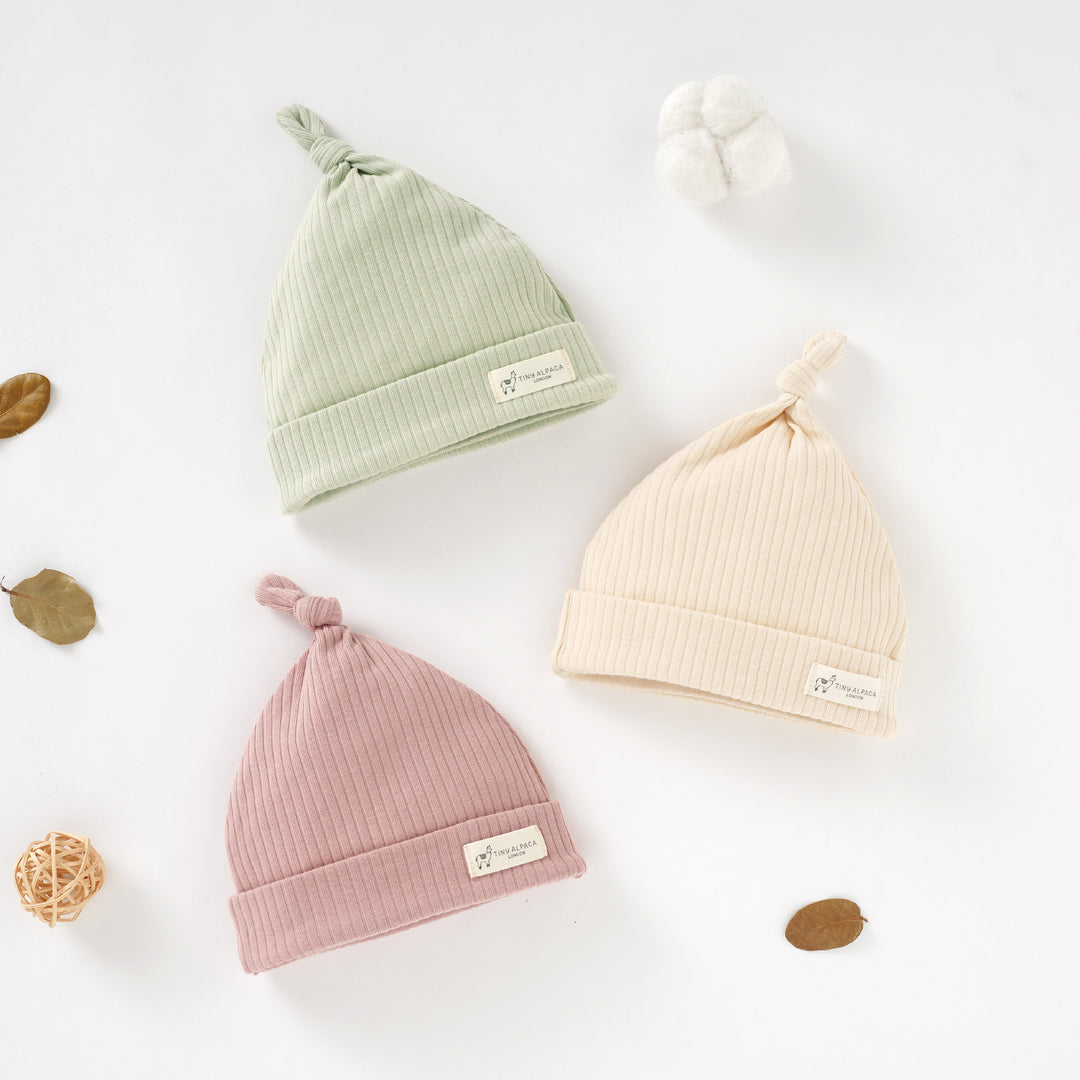 Organic Natural Cotton Ribbed Baby Hats Set of 3 (0-6 months) (Lime, Blush and Cream) - Tiny Alpaca UK