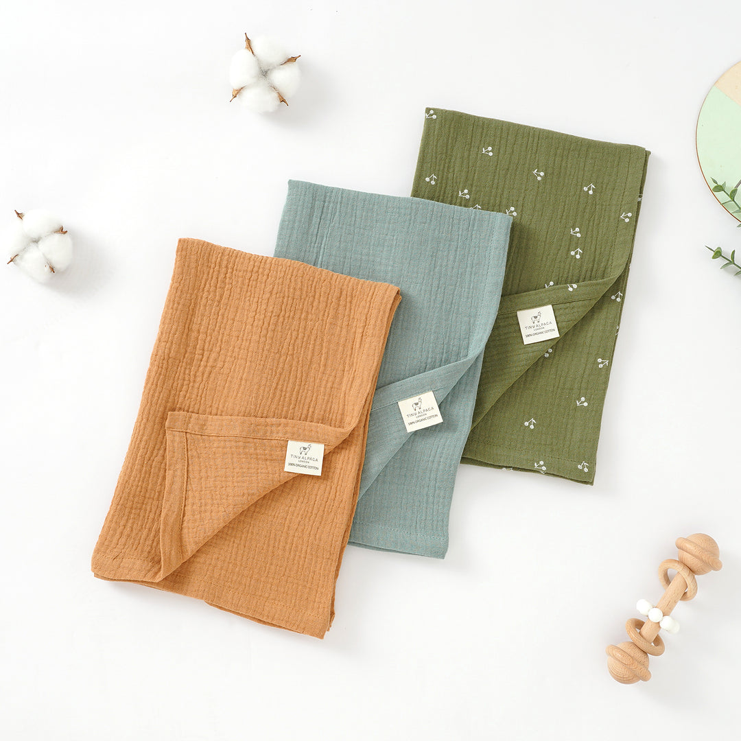 Organic Cotton Muslin Cloths "Cherry" Set of 3 60x60CM - Tiny Alpaca UK