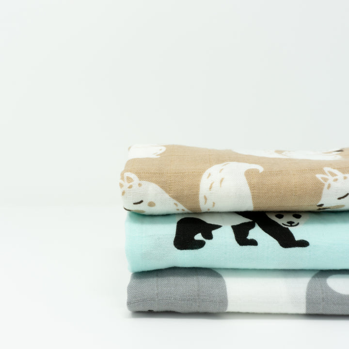 Organic Cotton Muslin Cloths "Whale, Panda &amp; Squirrel" Set of 3 60x60CM - Tiny Alpaca UK