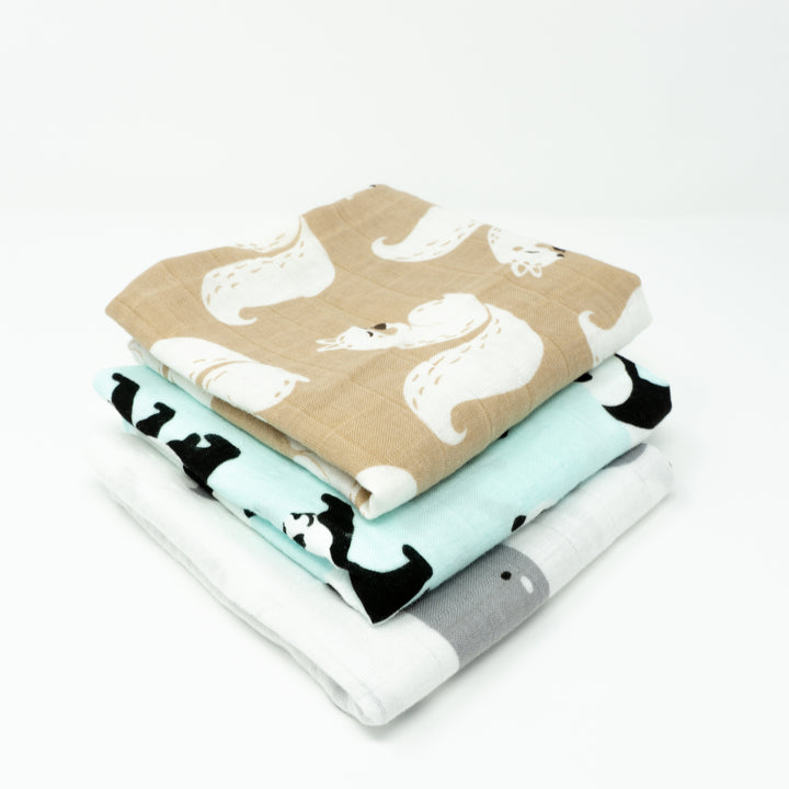 Organic Cotton Muslin Cloths "Whale, Panda &amp; Squirrel" Set of 3 60x60CM - Tiny Alpaca UK