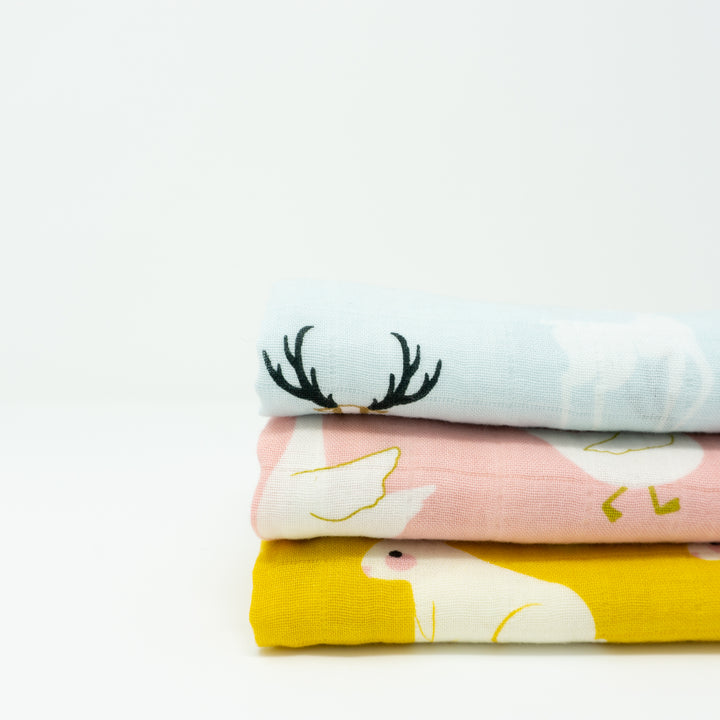 Organic Cotton Muslin Cloths "Rabbit, Swan &amp; Elk" Set of 3 60x60CM - Tiny Alpaca UK