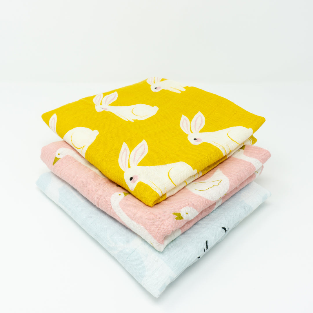 Organic Cotton Muslin Cloths "Rabbit, Swan &amp; Elk" Set of 3 60x60CM - Tiny Alpaca UK