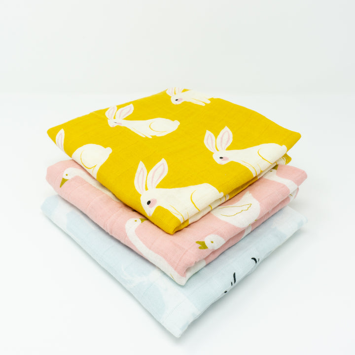 Organic Cotton Muslin Cloths "Rabbit, Swan &amp; Elk" Set of 3 60x60CM - Tiny Alpaca UK