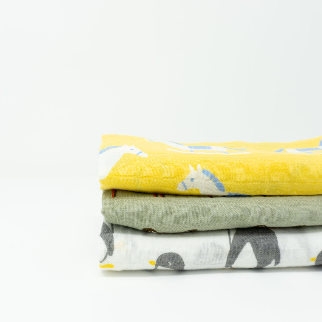 Organic Cotton Muslin Cloths "Penguin, Deer &amp; Rocking Horse" Set of 3 60X60CM - Tiny Alpaca UK