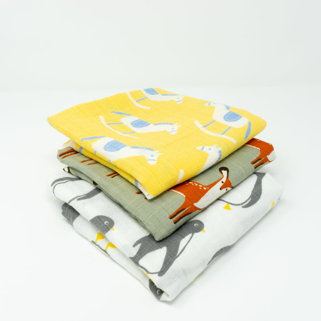 Organic Cotton Muslin Cloths "Penguin, Deer &amp; Rocking Horse" Set of 3 60X60CM - Tiny Alpaca UK
