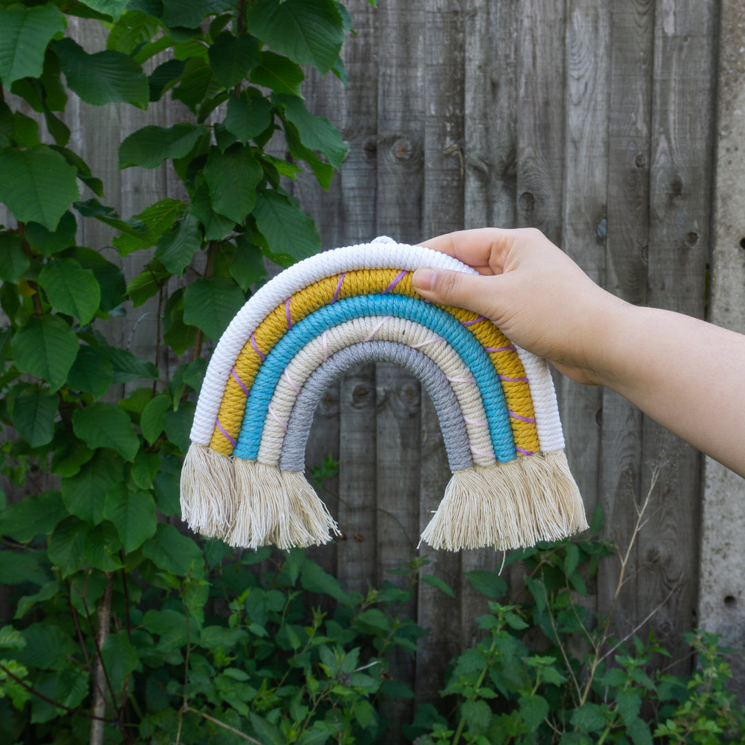 Rainbow Macrame Wall Hanging Decor "White and Sky Blue" (Small) - Tiny Alpaca UK