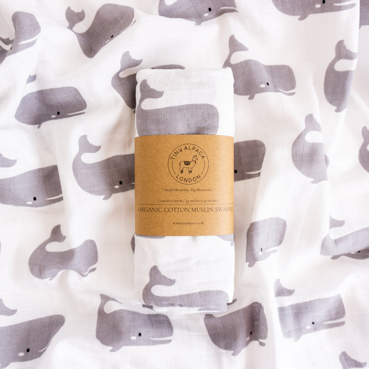 Organic Cotton Swaddle Wrap "Whale" 120x120CM - Tiny Alpaca UK