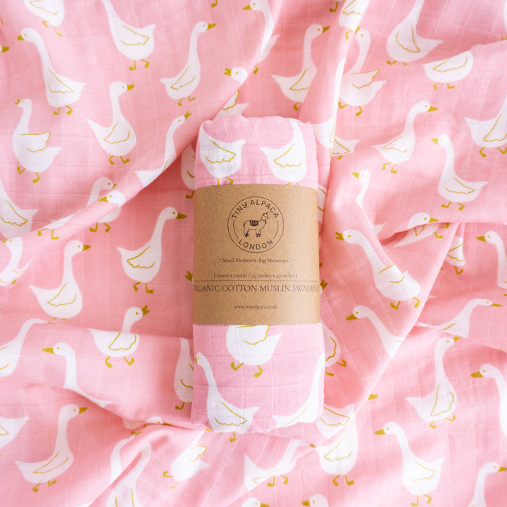 Organic Cotton Swaddle Wrap "Swan" 120X120CM - Tiny Alpaca UK