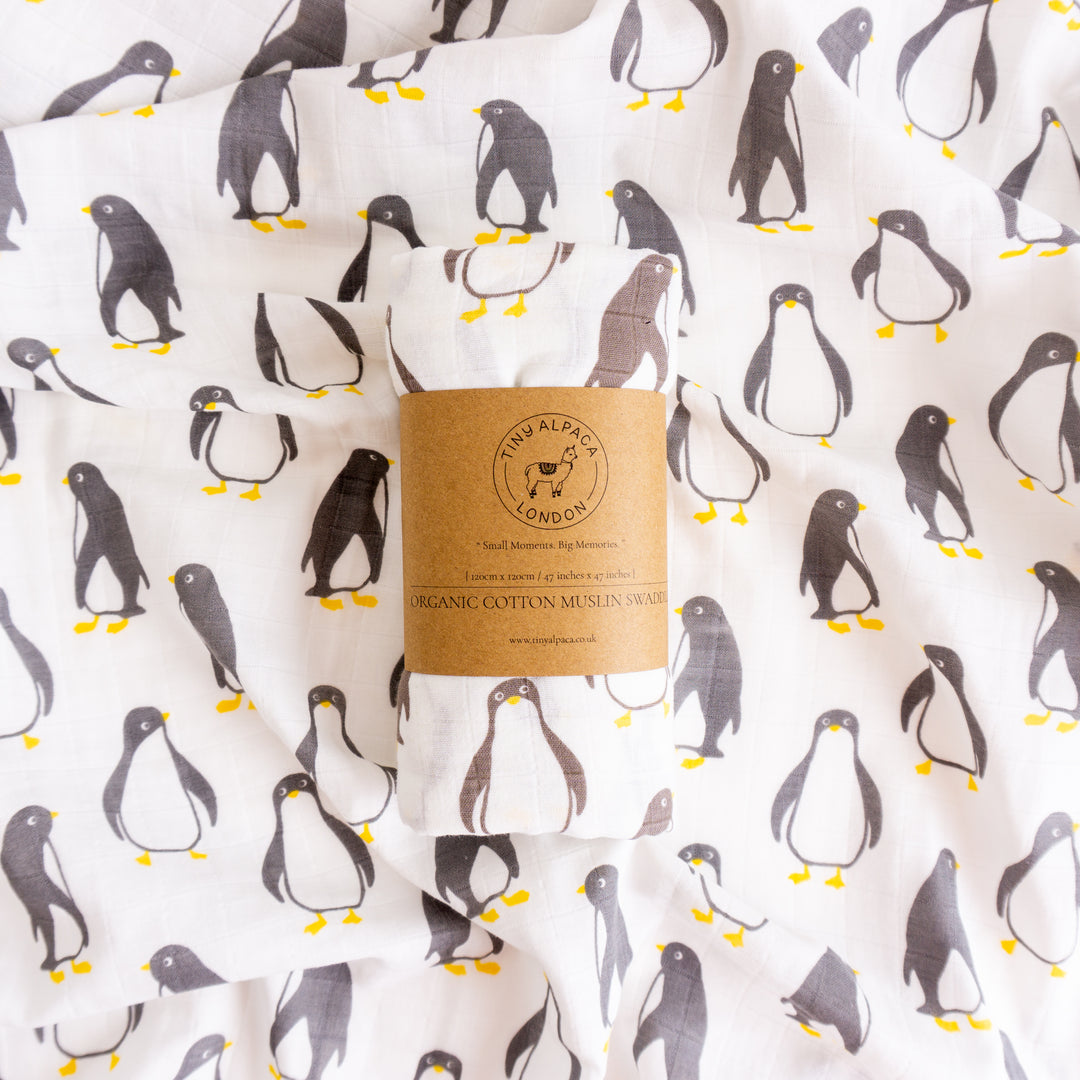 Organic Cotton Swaddle Wrap "Penguin" 120X120CM - Tiny Alpaca UK